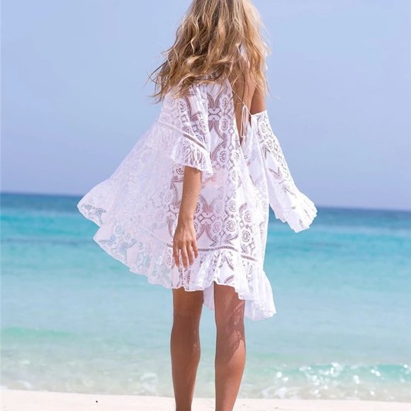 Sheer lace see through bikini cover up White Beach Dress swim cover up - Picture 7 of 7